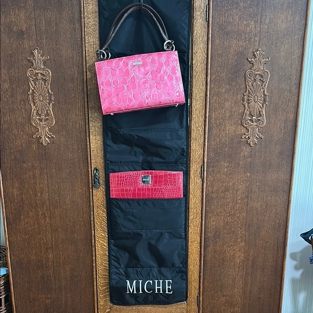 Miche Sleeve Closet Organizer with Pink and Red Sleeve and Brown cloth base bag